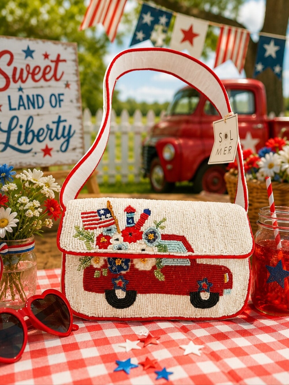 Beaded Red Truck Bag with Patriotic Floral Design Summer Viral Tik Tok NWT
